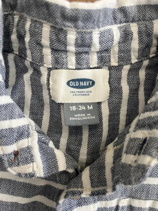 Old Navy Blue and White Striped Button-Up Shirt with Brown Elbow Patches - Picture 2 of 6